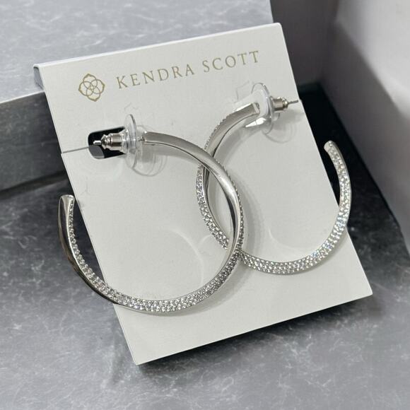 NWT! Kendra Scott Ella Silver Twist Hoop Earrings in White CZ - Picture 3 of 5